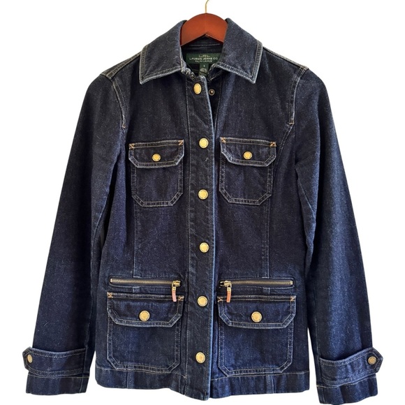 LAUREN RALPH LAUREN Snap Front Dark Denim Jacket Size Small in Dark Washed Blue - Picture 1 of 15
